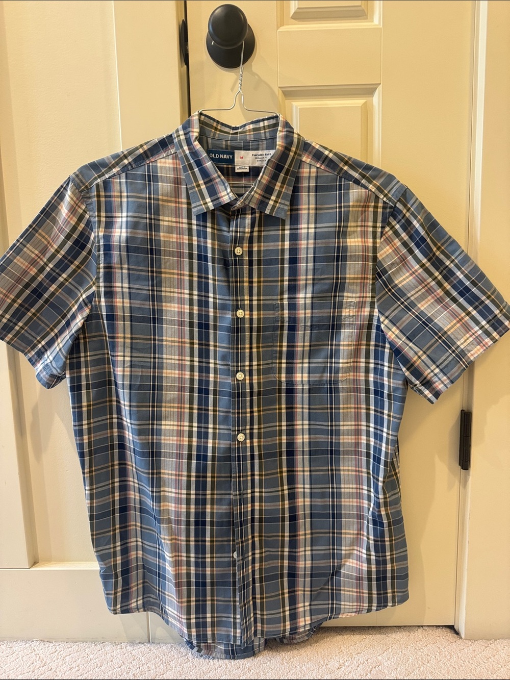 Old Navy Blue and White Plaid Short-Sleeve Button-Down Shirt
